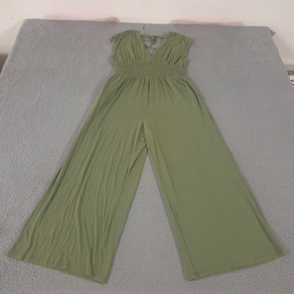 Old Navy Jumpsuit Womens L Green Wide Leg Waist-Defined Shirred Rayon Stretch